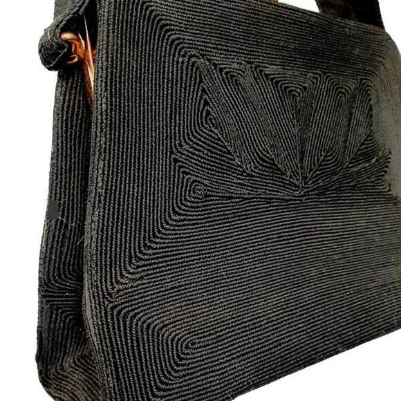 1940s Vintage Black Corde' Box Handbag With A Top Handle And A Front Design - Picture 3 of 8